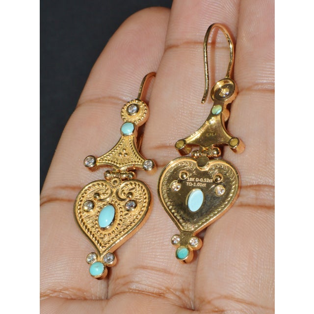 Sky Blue Gorgeous Natural Diamond Turquoise 18k Solid Gold Byzantine Beaded Greek Dangle Earrings, A Pair For Sale - Image 8 of 11