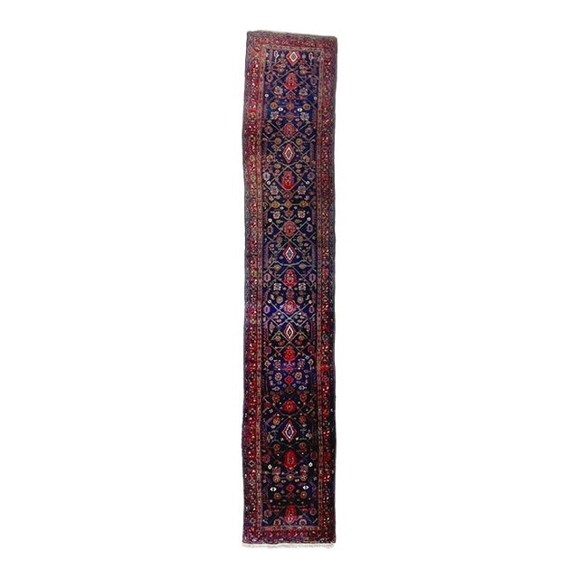 Antique Runner Moody Navy, Spring Green & Camel Over-sized Runner Rug 3 x 16.6 For Sale