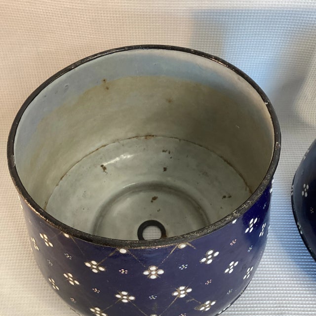 Early 20th Century Cobalt Blue Vintage Enamelware Planters - A Pair For Sale - Image 5 of 7
