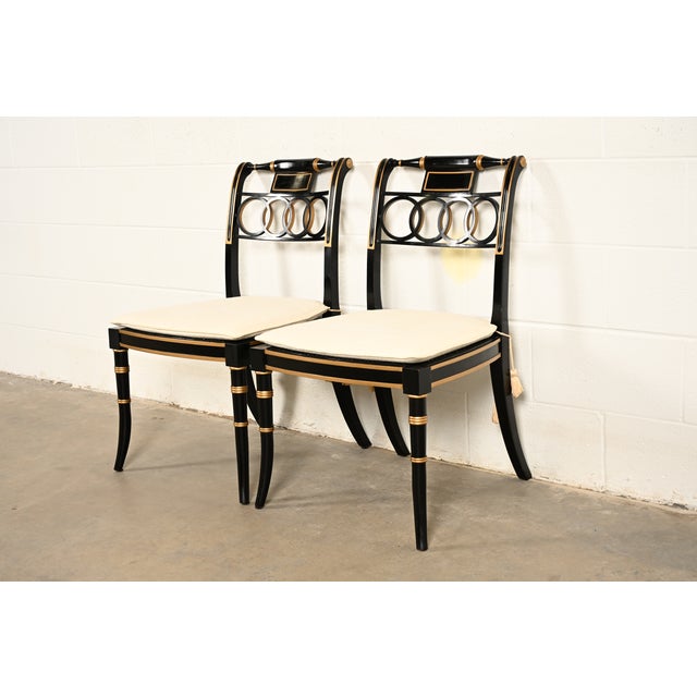 Baker Furniture Company Baker Furniture Historic Charleston Regency Ebonized and Gold Gilt Side Chairs or Dining Chairs, Pair For Sale - Image 4 of 16