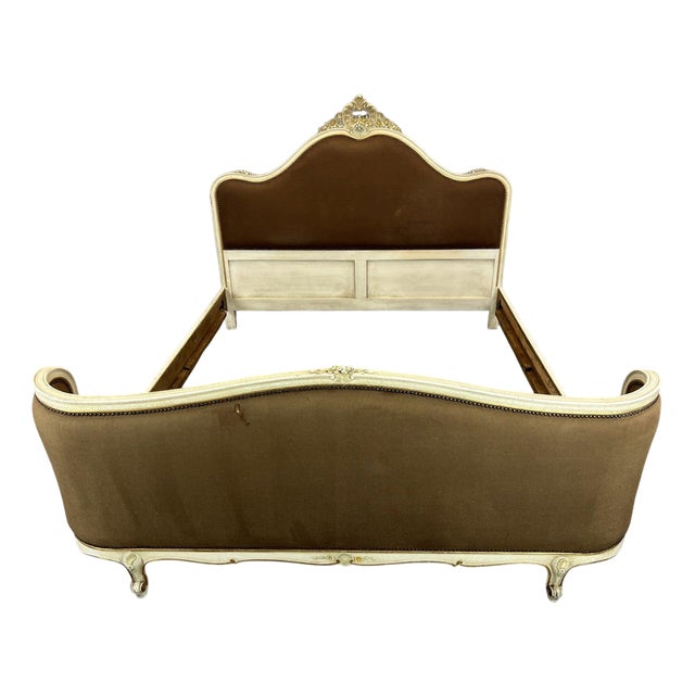 Vintage French Shabby Chic Upholstered King Size Bed Frame For Sale