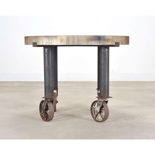 Industrial Style Round Machined Iron Center Table on Casters For Sale - Image 18 of 18