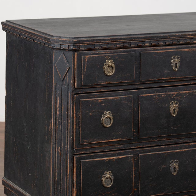 ​​​​​​​Pair, 19th Century Swedish Gustavian Black Painted Chests of Three Drawers For Sale - Image 9 of 12