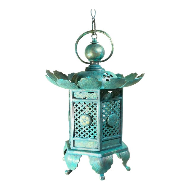 Vintage Japanese Patinated Brass Pagoda Temple Lantern / Pendent -17”x 12” For Sale