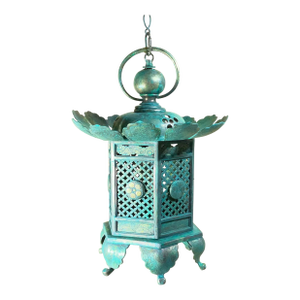 Vintage Japanese Patinated Brass Pagoda Temple Lantern / Pendent -17”x 12”
