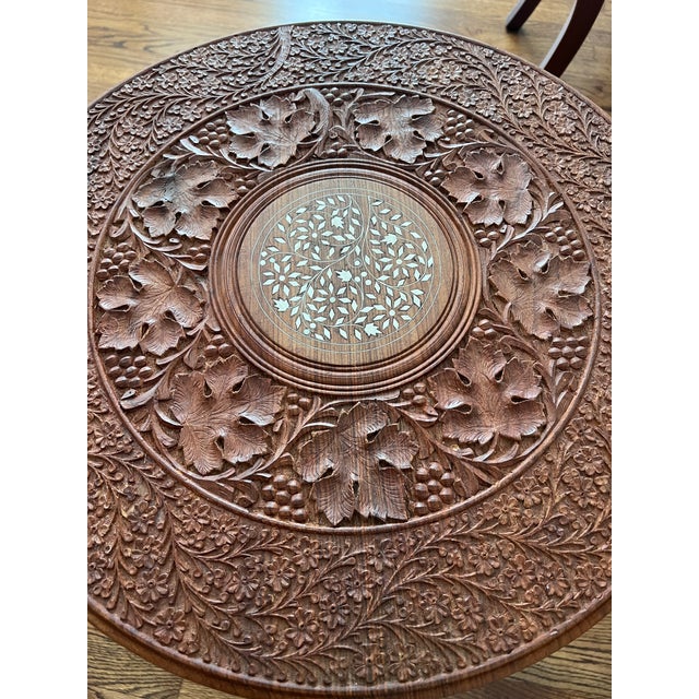 Wood Pair of Vintage Hand-Carved Wooden Side Tables With Inlaid Tops For Sale - Image 7 of 9