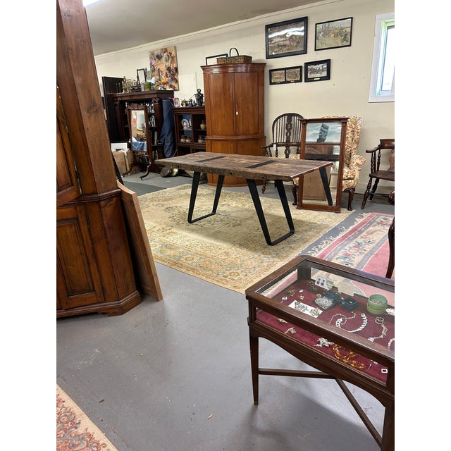 Industrial Rectangular Salvage Wood & Black Iron Table or Desk For Sale - Image 13 of 14