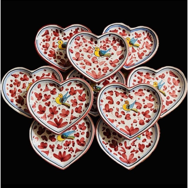 Red Vintage Italian Deruta Majolica Ceramic Heart Shape Plates - Set of 10 For Sale - Image 8 of 12