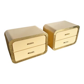 Postmodern Flesh Lacquer Laminate Waterfall Nightstands With Gold Accents - a Pair For Sale