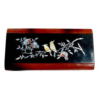 Japanese Black Lacquer Smoking Box Mother-of-Pearl Birds & Pomegranates - Mid 20th Century For Sale