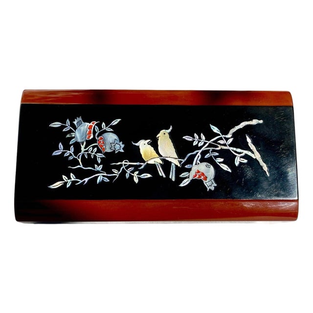 Japanese Black Lacquer Smoking Box Mother-of-Pearl Birds & Pomegranates - Mid 20th Century For Sale