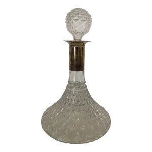 1970s Rogers Diamond Cut Glass Whiskey Decanter Silver Plate Collar & Stopper