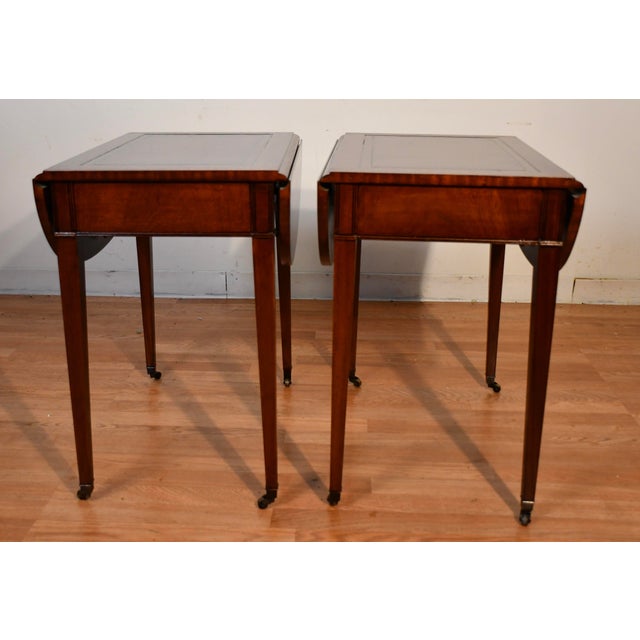 Brown 1930s Pair of Weiman Regency Mahogany & Leather Top Pembroke Side / End Tables For Sale - Image 8 of 18