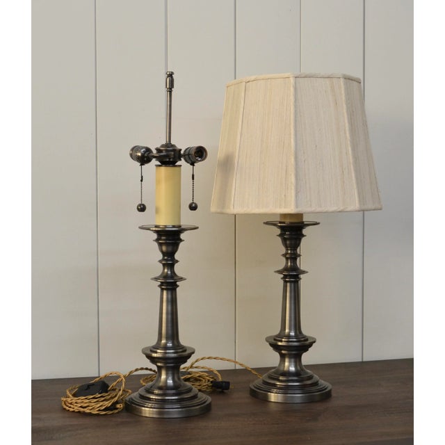 English Style Candlestick Lamps in Pewter Finish - A Pair For Sale In Boston - Image 6 of 7