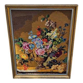 Vintage Needlepoint Floral Still Life Wall Art Gold Frame Large 29x22" Yellow For Sale