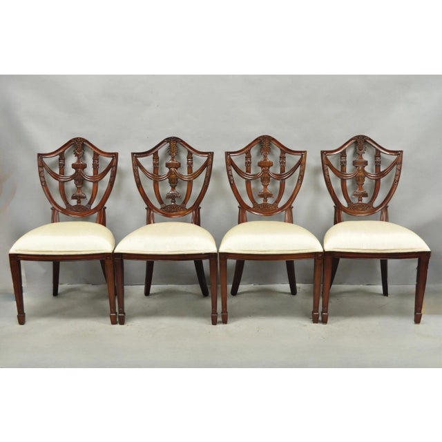 Maitland - Smith Maitland Smith Marquetry Inlay Leather Mahogany Game Table & 4 Shield Back Chair For Sale - Image 4 of 18