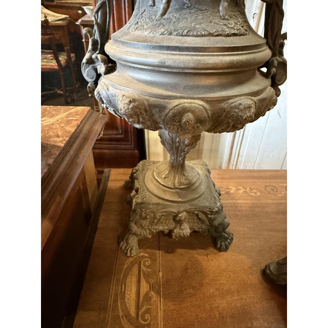 Napoleon III Three-Piece Mantelpiece Set in Spelter with Bronze Patina, 1870, Set of 3 For Sale - Image 4 of 11
