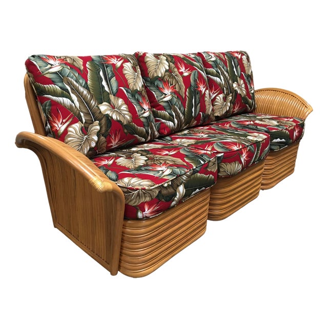 Art Deco Style "Hawaii" Rattan Fan Arm Three-Seat Sectional Sofa For Sale