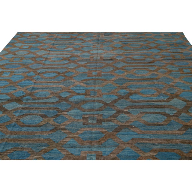 Modern Geometric Kilim Handmade Room Size Blue Wool Rug For Sale - Image 10 of 11