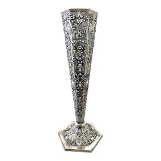 Antique Late 1800s Tall Repoussé Silverplated Flute Vase by Barbour Silver Co. For Sale