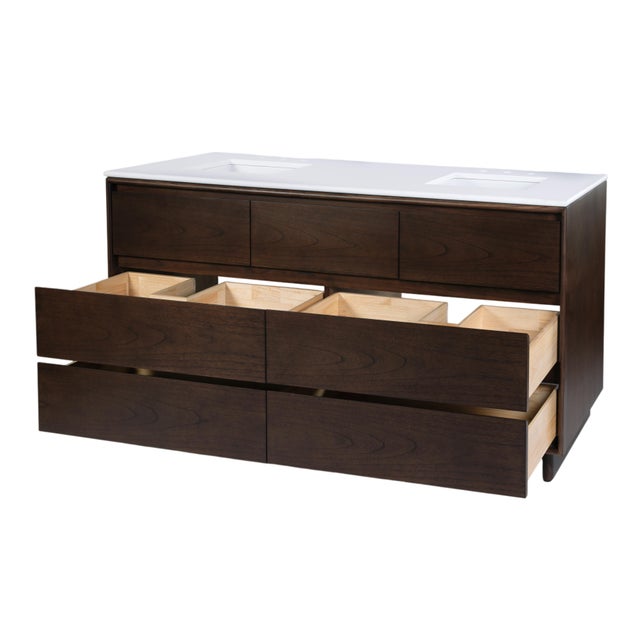 Halmstad 72 in. W Rectangular Wood Double Sink 5 Drawer Bathroom Vanity Set, Walnut For Sale In Chicago - Image 6 of 11
