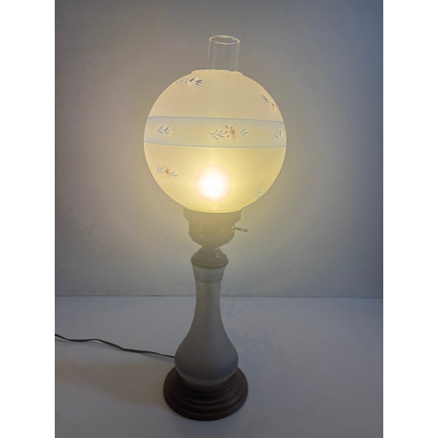 Victorian Mid 19th Century Frosted Glass GWTW (Gone With the Wind) Table Lamp With Blue Floral Pattern For Sale - Image 3 of 4