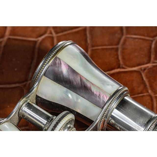 19th Century Beautiful Chrome Striped Purple and White Mother of Pearl Antique Victorian Opera Glasses With Leather Case For Sale - Image 5 of 16