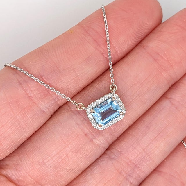 Metal Aquamarine Pendant Necklace w Earth Mined Diamonds in Solid 14K Gold EM 5x7mm For Sale - Image 7 of 8