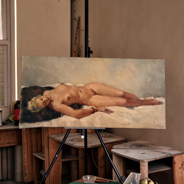 A captivating original oil on canvas depicting a graceful reclining female nude by French artist César Vilot, known for...
