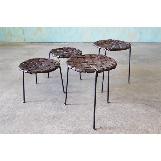A Set of 4 1940's Swift and Monell Woven Leather and Iron Stools Mid Century Modern For Sale - Image 6 of 17