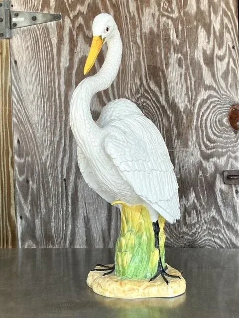 Vintage Coastal Monumental Glazed Ceramic Snowy Egret Sculpture — additional photo 2