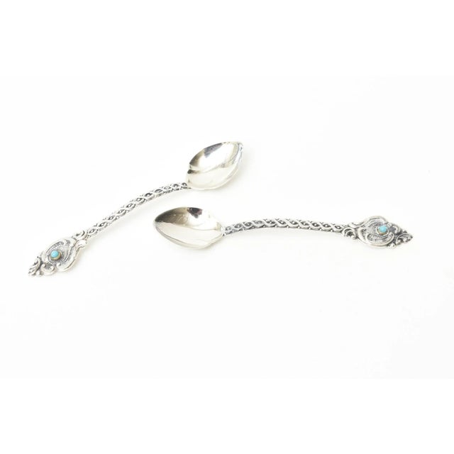 Silver Vintage Sterling Silver and Turquoise Demitasse and Serving Spoons Set of 14, Brazil For Sale - Image 8 of 10