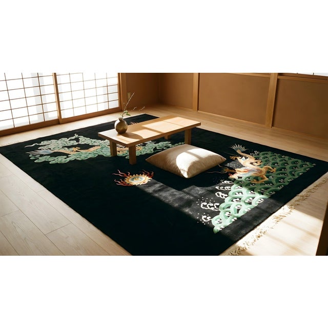 Magnificent Black Background With Dragons & Flaming Pearls Antique Chinese Art Deco Rug by Nichols Workshop For Sale - Image 11 of 12