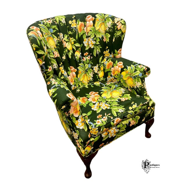 Green Vintage Traditional Chippendale Style Channel Back Floral Print Wingback Accent Chair For Sale - Image 8 of 11