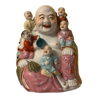 Vintage Chinese Famille Rose "Five Children" Laughing Buddha For Sale