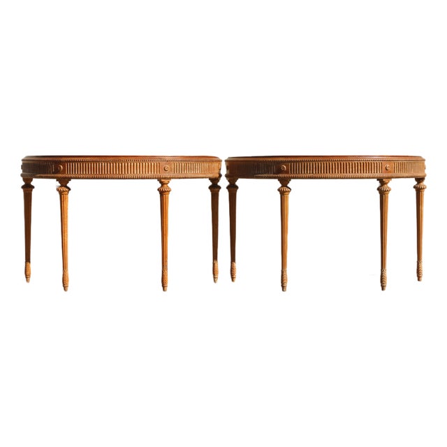 Antique 1920s Neoclassical Carved Fruitwood Demi-Lune Console Tables - Pair For Sale