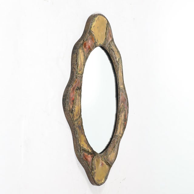 Copper Mid-Century Brutalist Textural Welded Brass & Copper Bordered Signed Mirror For Sale - Image 8 of 16