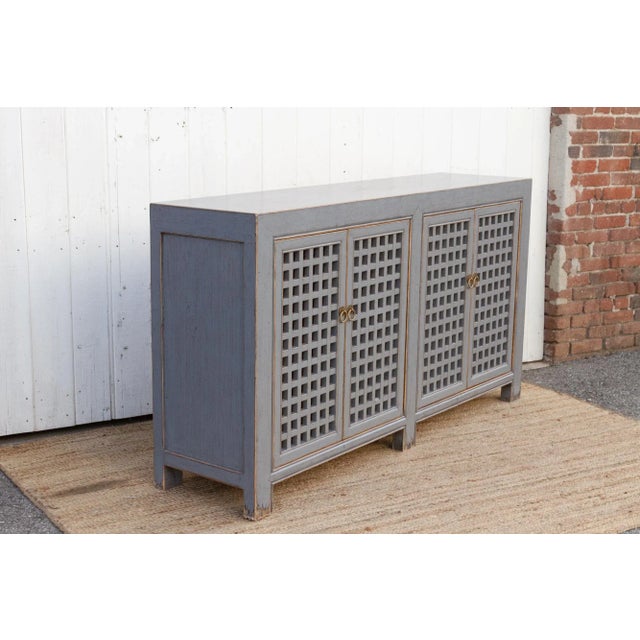 Long Painted Silver Gray Lattice Credenza For Sale - Image 4 of 8