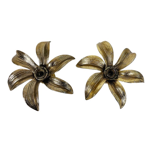 Golden Florentine Flower Shape Flushmounts by Willy Daro for Massive - A Pair For Sale
