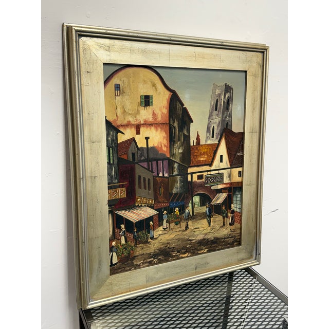 Mid-Century Modern T. Silver Vintage European Village Oil Painting, Signed For Sale - Image 3 of 12