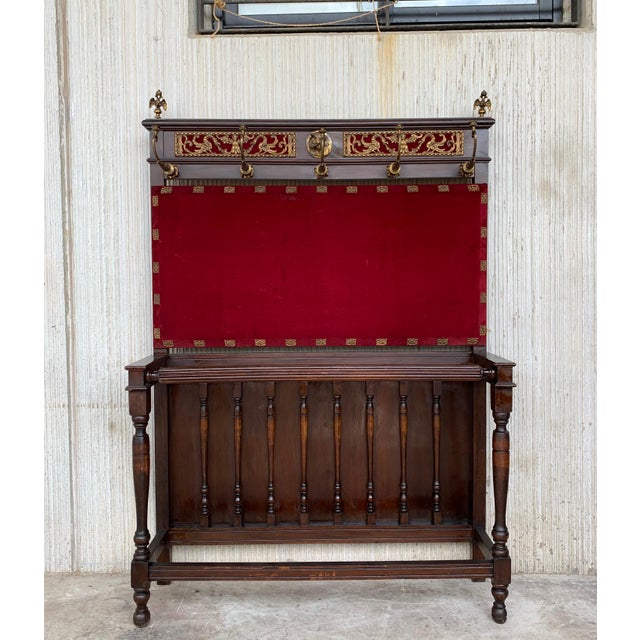 19th Large Carved Spanish Solid Walnut Coat Rack Stand with Red Velvet Back For Sale - Image 10 of 18