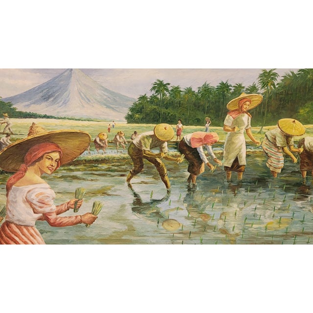 Figurative Fernand Amorsolo Student Painting University of the Philippines Under Occupation 1940s Planting Rice With Mayon Volcano For Sale - Image 3 of 10