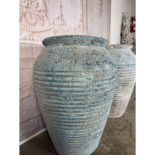 Ceramic Pair of Antique Weathered Terracotta Garden Urns With Blue Patina For Sale - Image 7 of 12