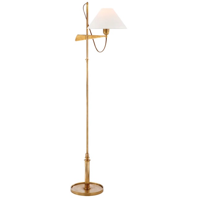 J. Randall Powers by Visual Comfort Signature Hargett Bridge Arm Floor Lamp in Hand-Rubbed Antique Brass with Linen Shade For Sale