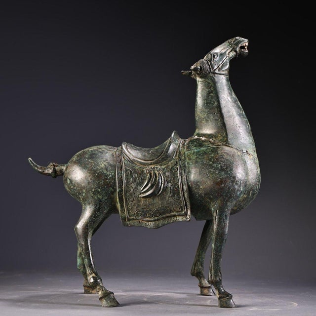 Bronze Horse Figure - Archaic Style Statue With Saddle For Sale - Image 4 of 10