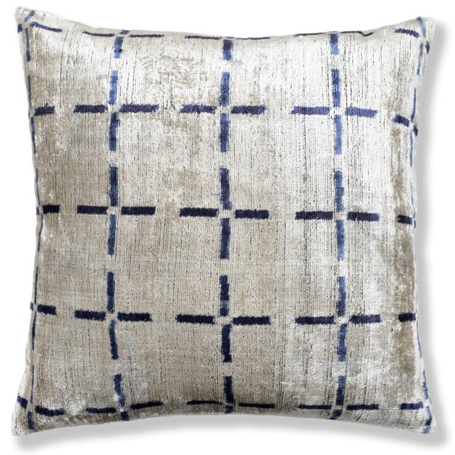 "Handwoven Silk Velvet Grid: 20x20 Pillow Subtle ivory grid with deep indigo accents adds structured elegance and...