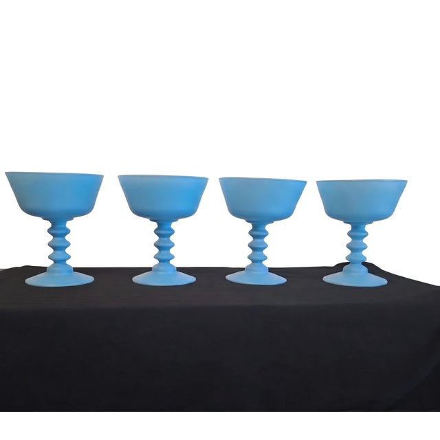 Mid-Century Matte Turquoise Satin Glass Champagne Coupes - Set of 4 For Sale - Image 4 of 5