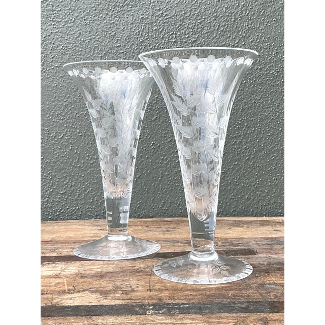 Vintage Etched Glass Trumpet Vases - A Pair For Sale - Image 4 of 12