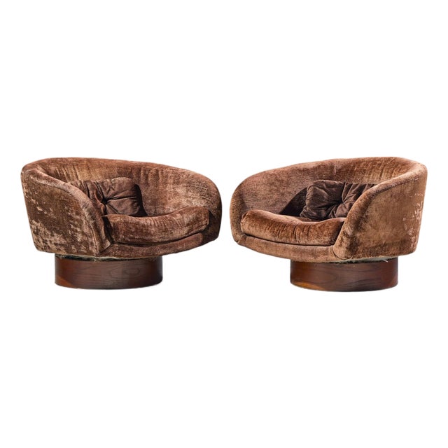 Milo Baughman for Thayer Coggin Mid Century Walnut Swivel Barrel Tub Chairs - Pair For Sale