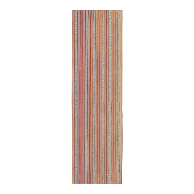 Very Long Kilim Vintage Runner With Vertical Stripe and Geometric Pattern For Sale